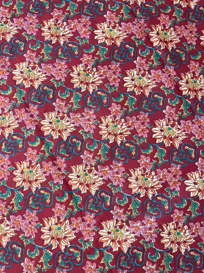 Burgundy Color Screen Print Cotton Cambric Fabric