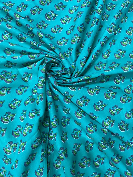 Pacific Blue Color Screen Print Cotton Cambric Fabric