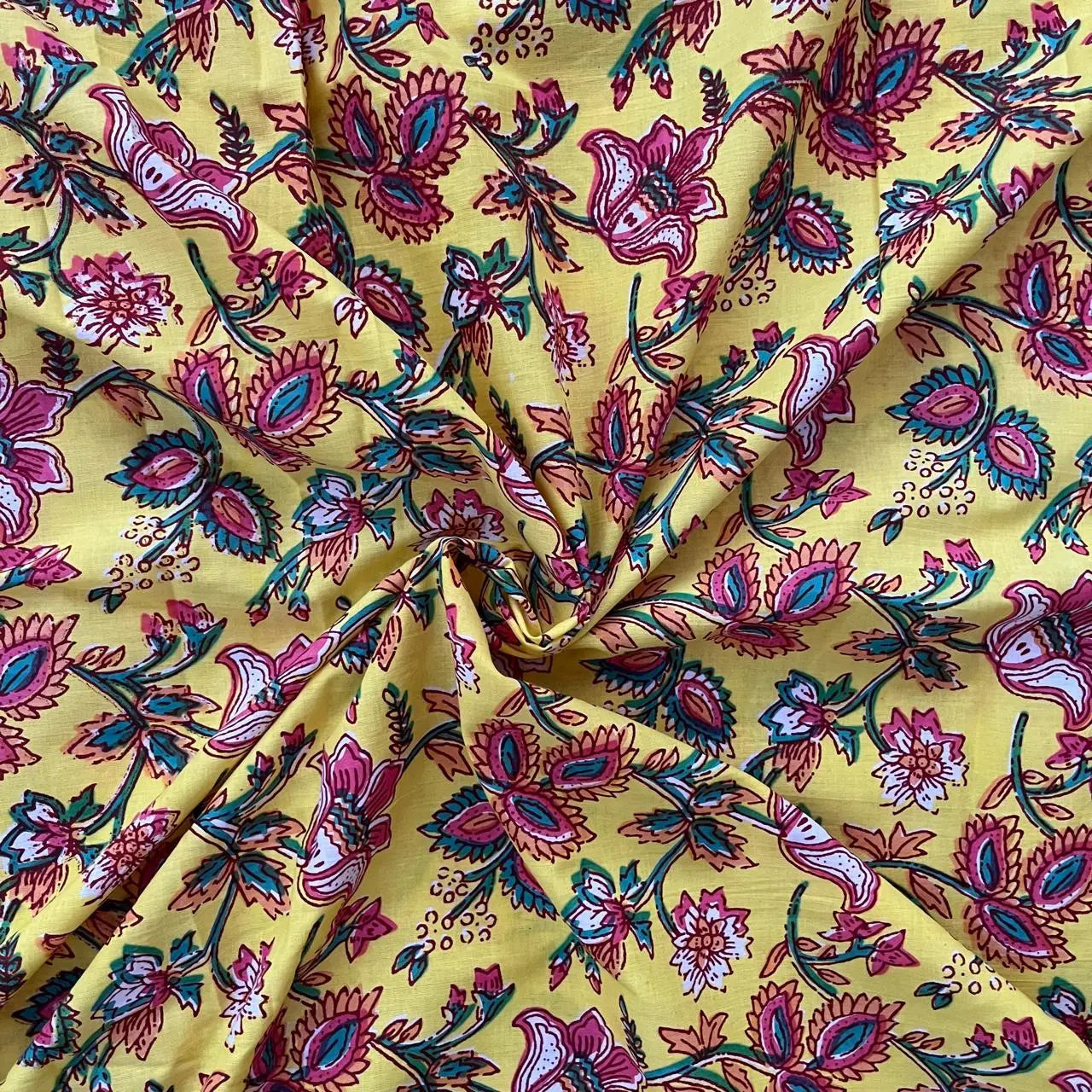 Lemon Yellow Color Screen Print Cotton Cambric Fabric