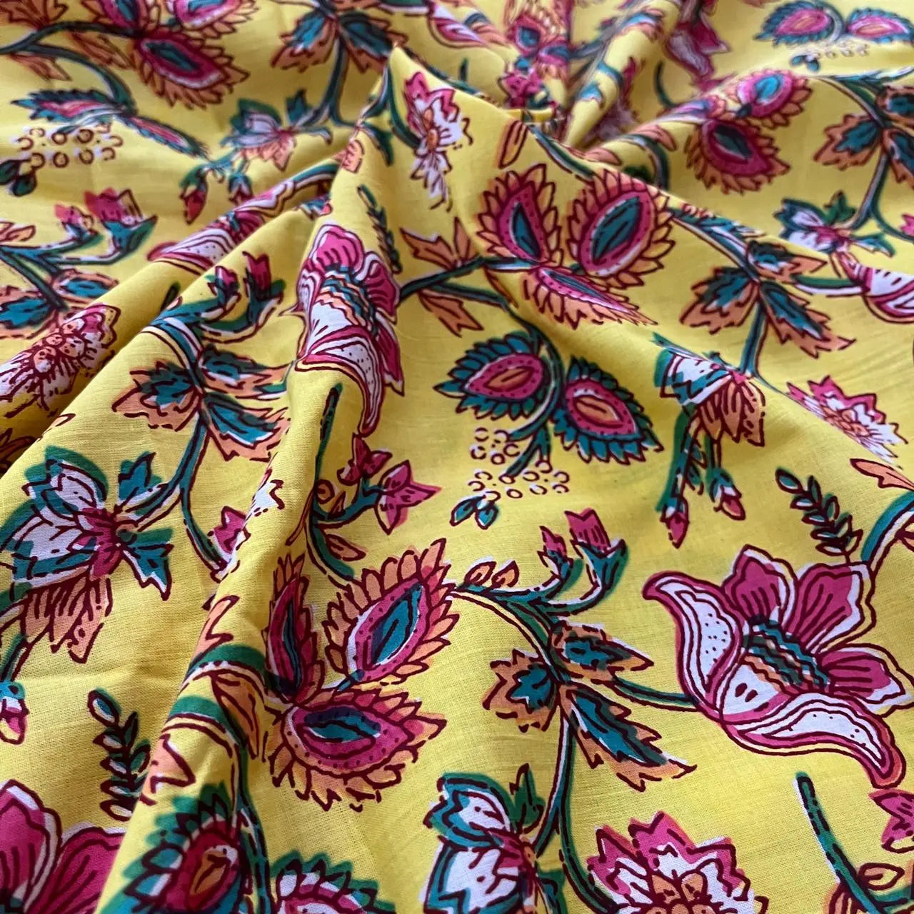 Lemon Yellow Color Screen Print Cotton Cambric Fabric
