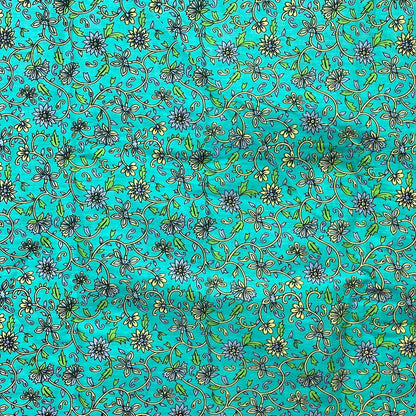 Aqua Blue Color Screen Print Cotton Cambric Fabric