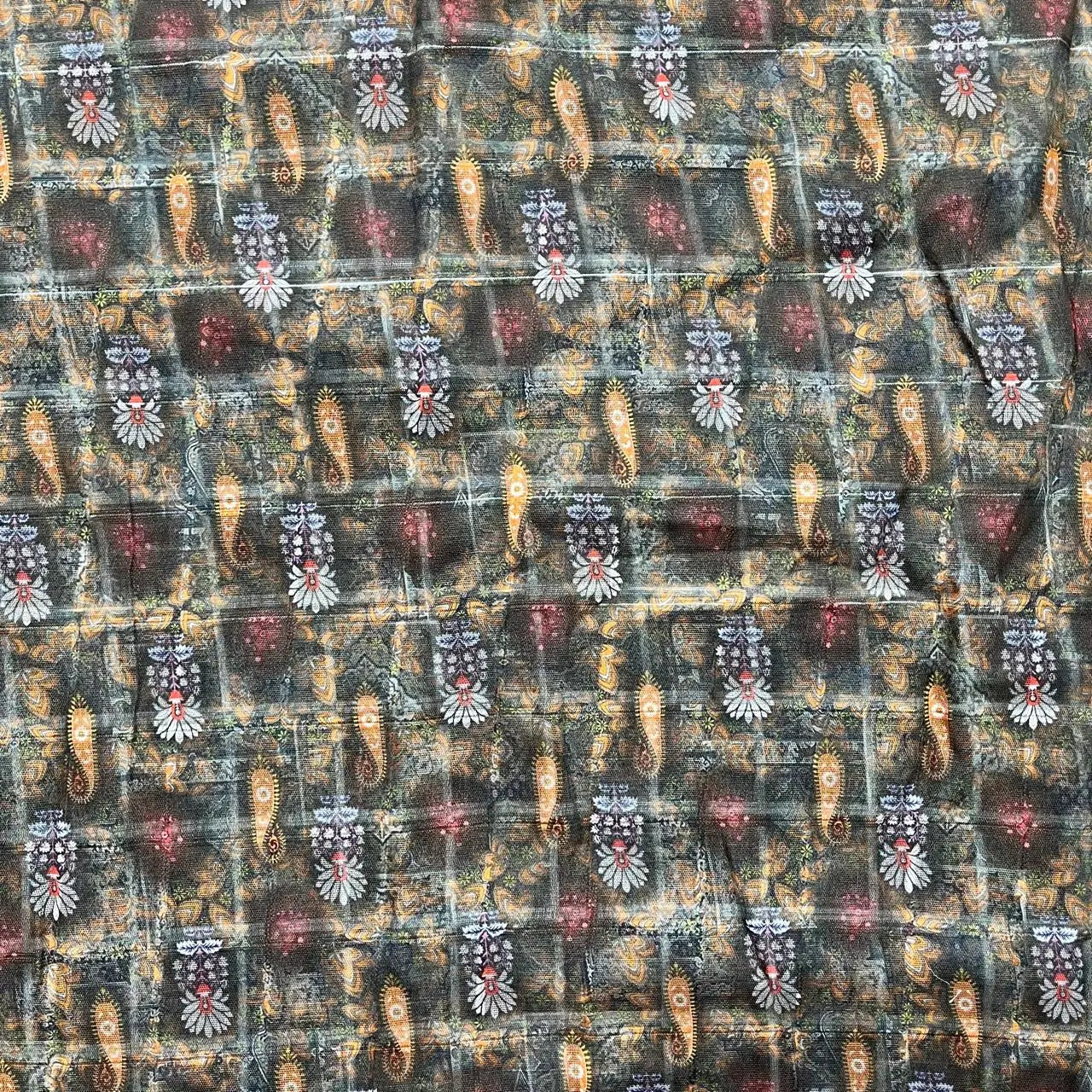 Green With Orange Color Digital Print Linen Checks Fabric