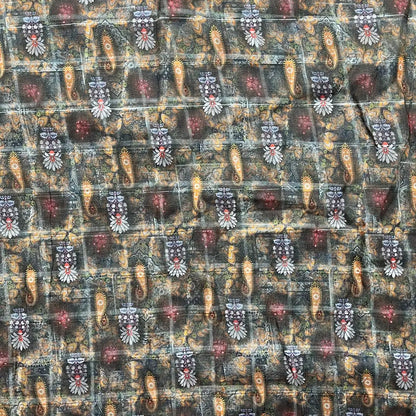Green With Orange Color Digital Print Linen Checks Fabric