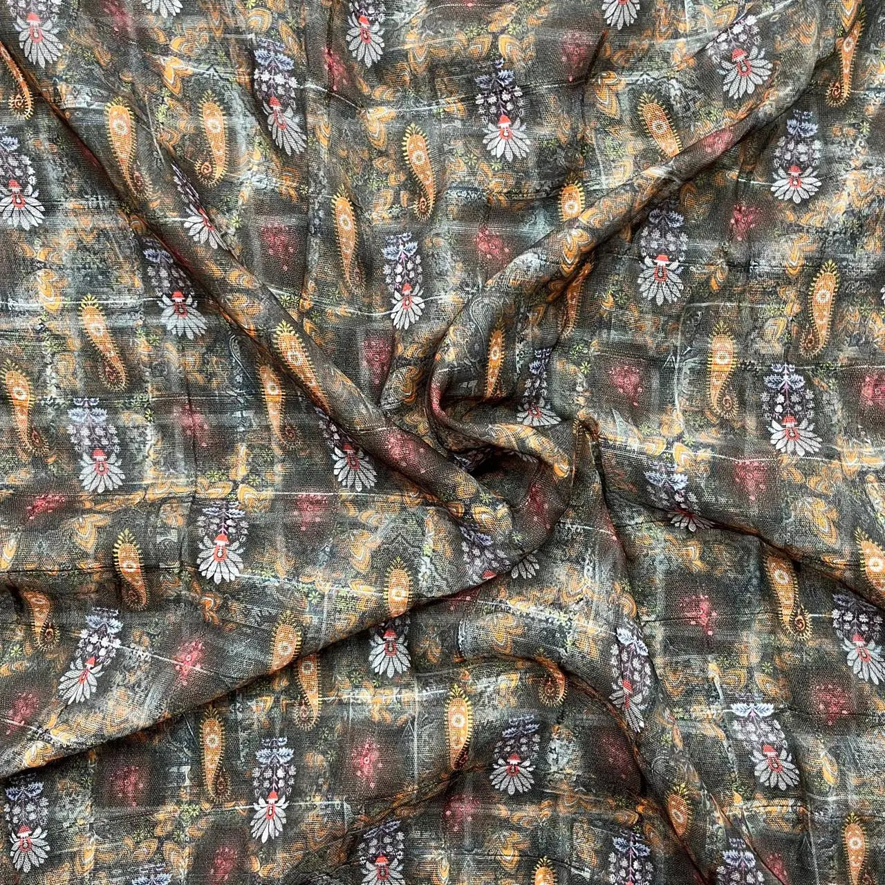 Green With Orange Color Digital Print Linen Checks Fabric