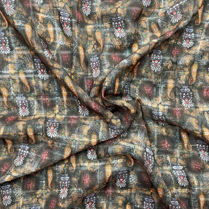 Green With Orange Color Digital Print Linen Checks Fabric