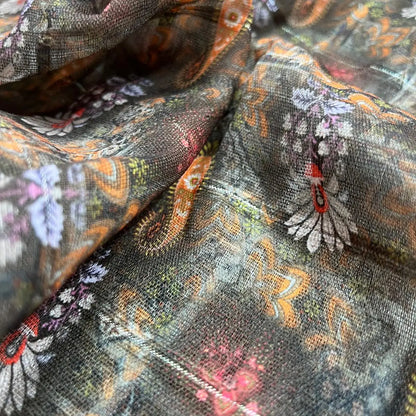 Green With Orange Color Digital Print Linen Checks Fabric