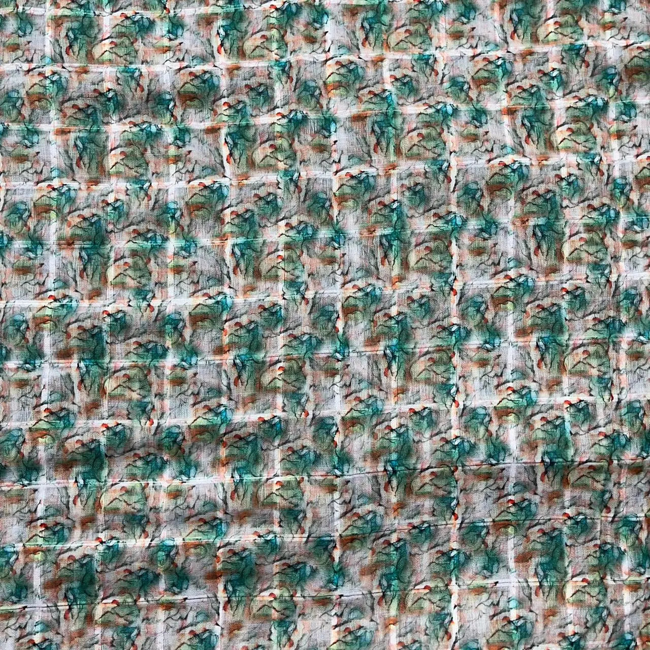 Blue Smoke Color Digital Print Linen Checks Fabric