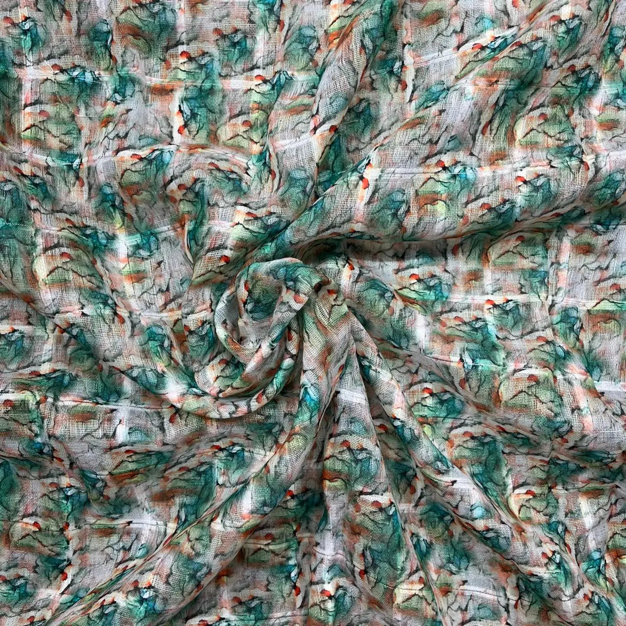 Blue Smoke Color Digital Print Linen Checks Fabric