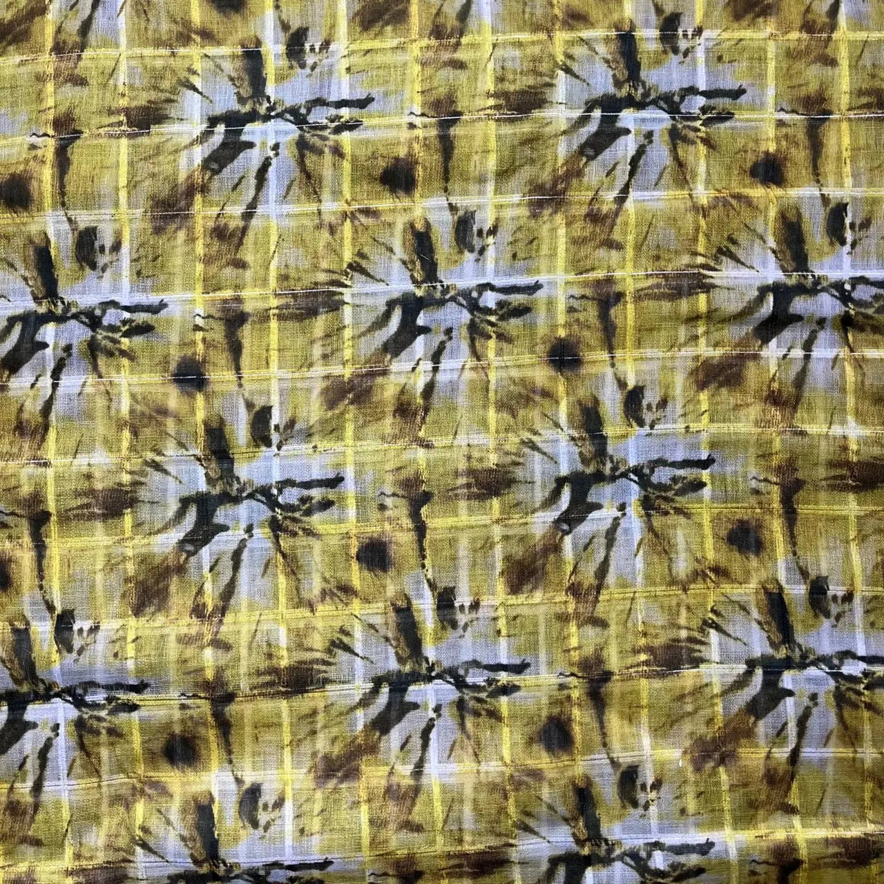 Mustard Color Digital Print Linen Checks Fabric