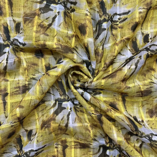 Mustard Color Digital Print Linen Checks Fabric