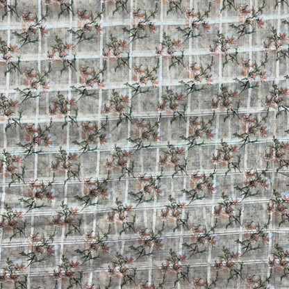 Cream Color Digital Print Linen Checks Fabric