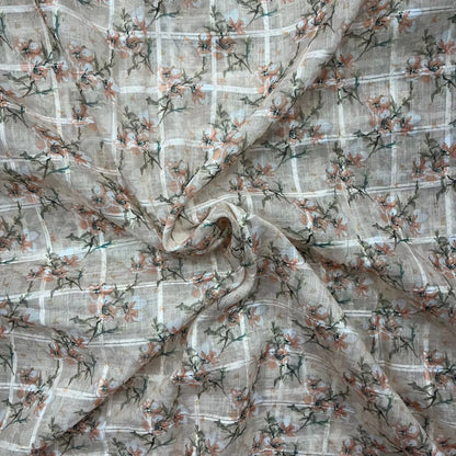 Cream Color Digital Print Linen Checks Fabric