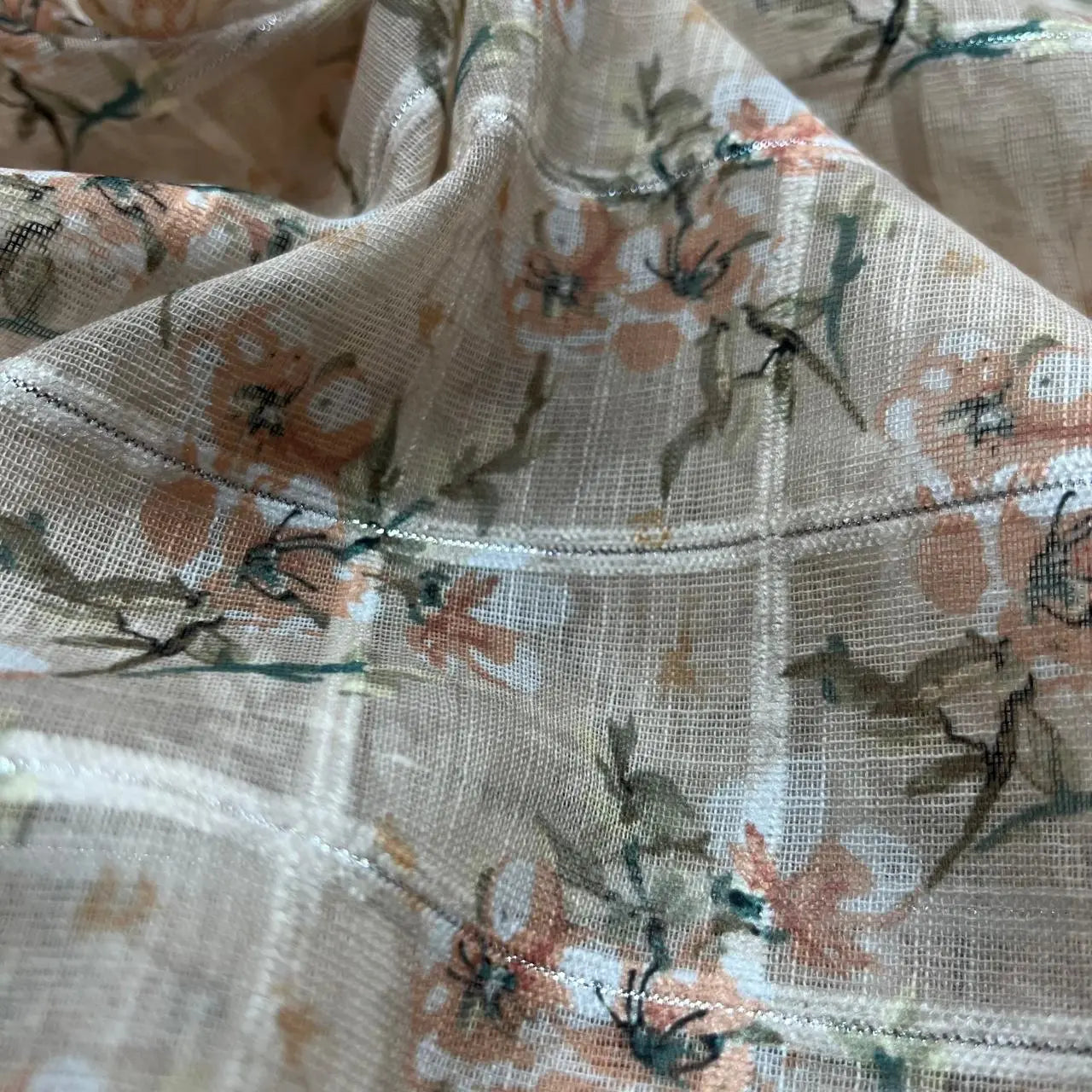 Cream Color Digital Print Linen Checks Fabric