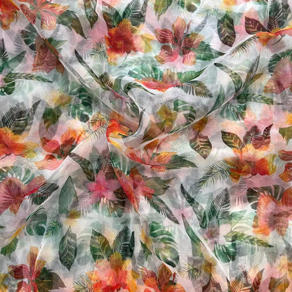 White Flower Digital Print Organza Fabric