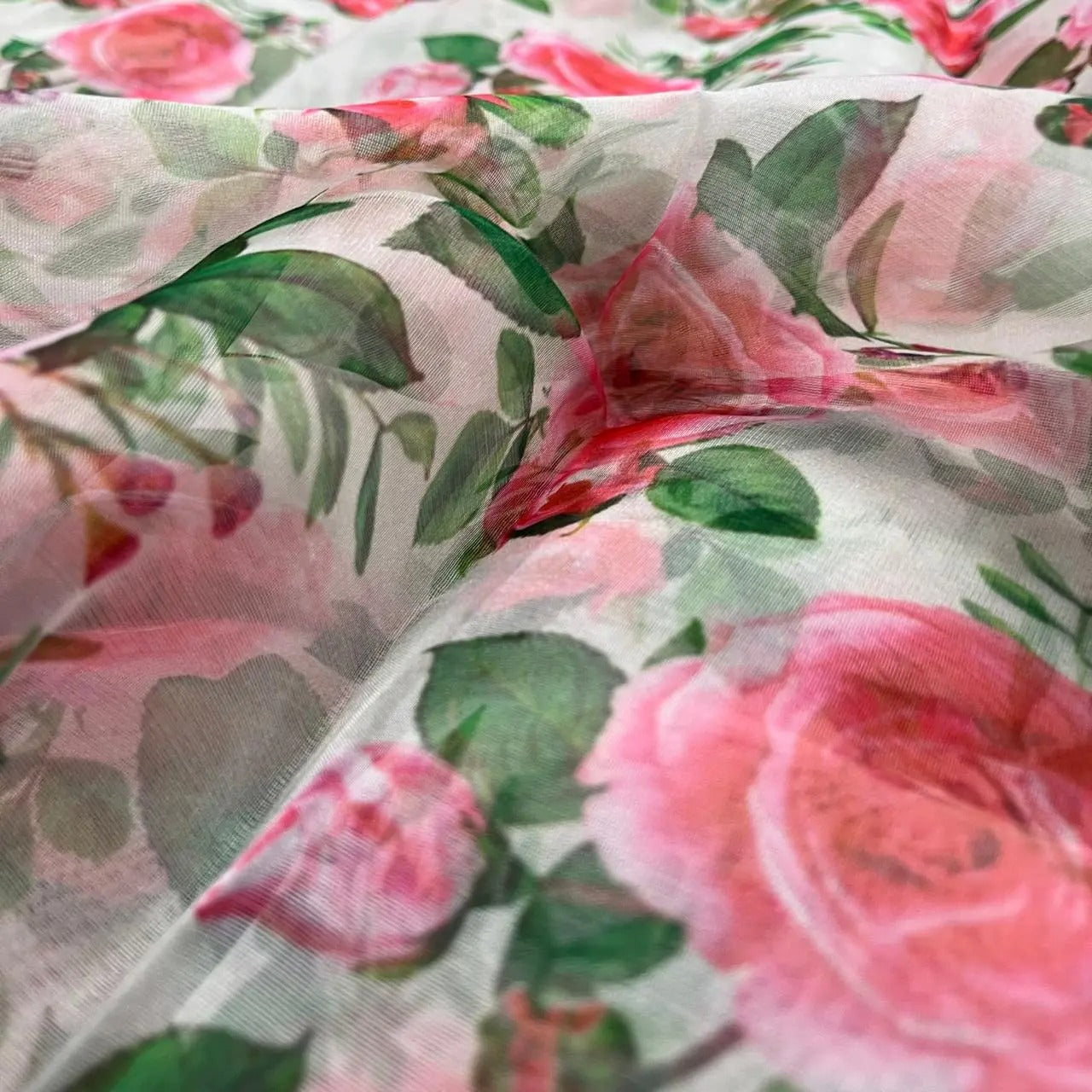 White Flower Digital Print Organza Fabric