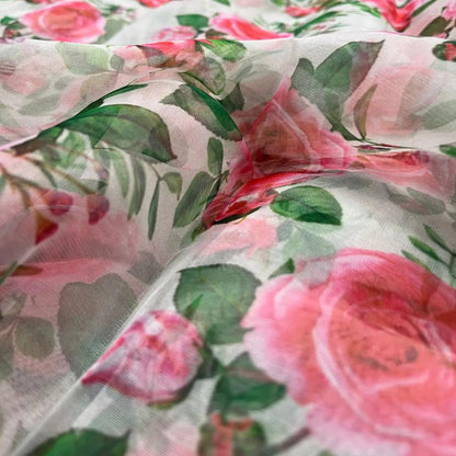 White Flower Digital Print Organza Fabric