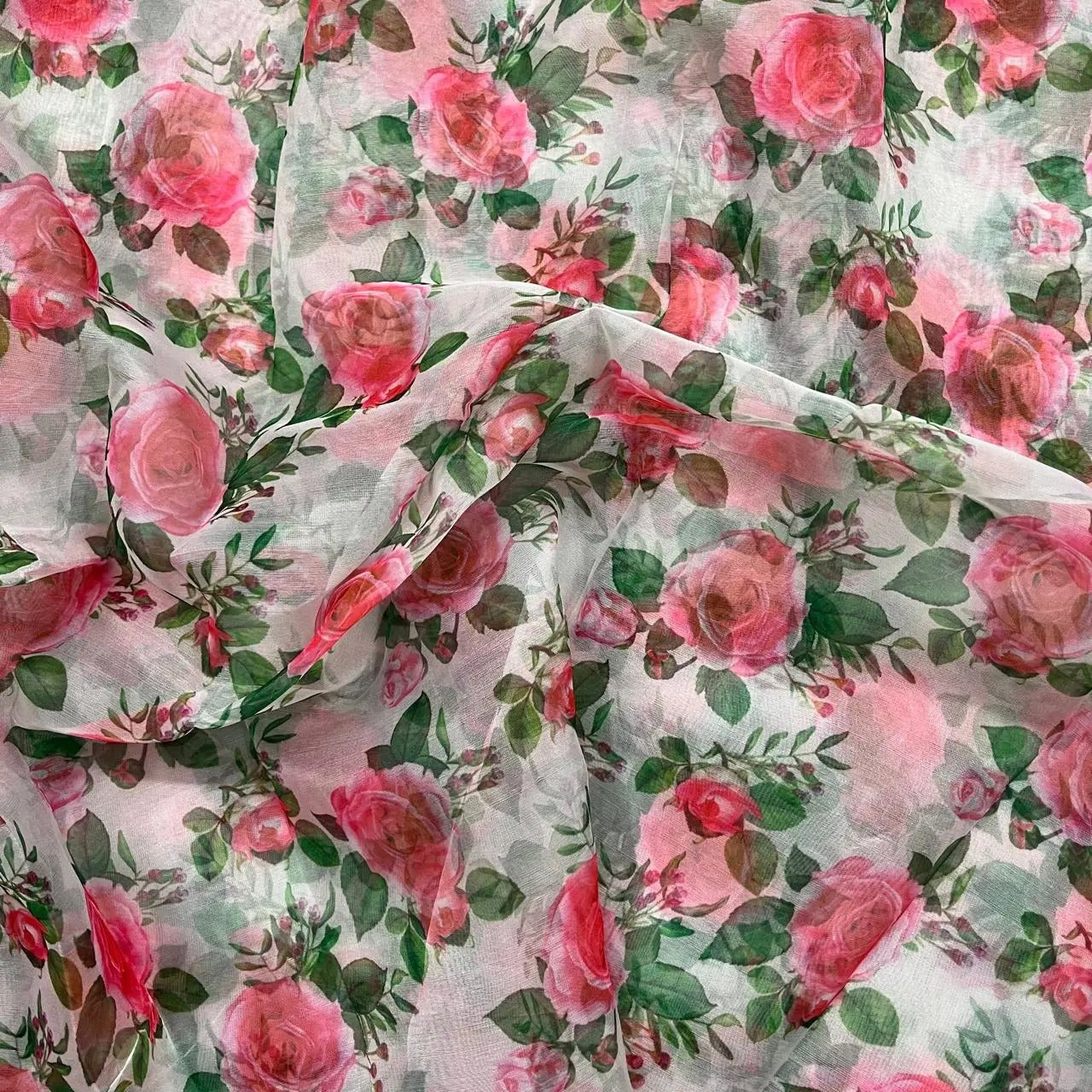 White Flower Digital Print Organza Fabric
