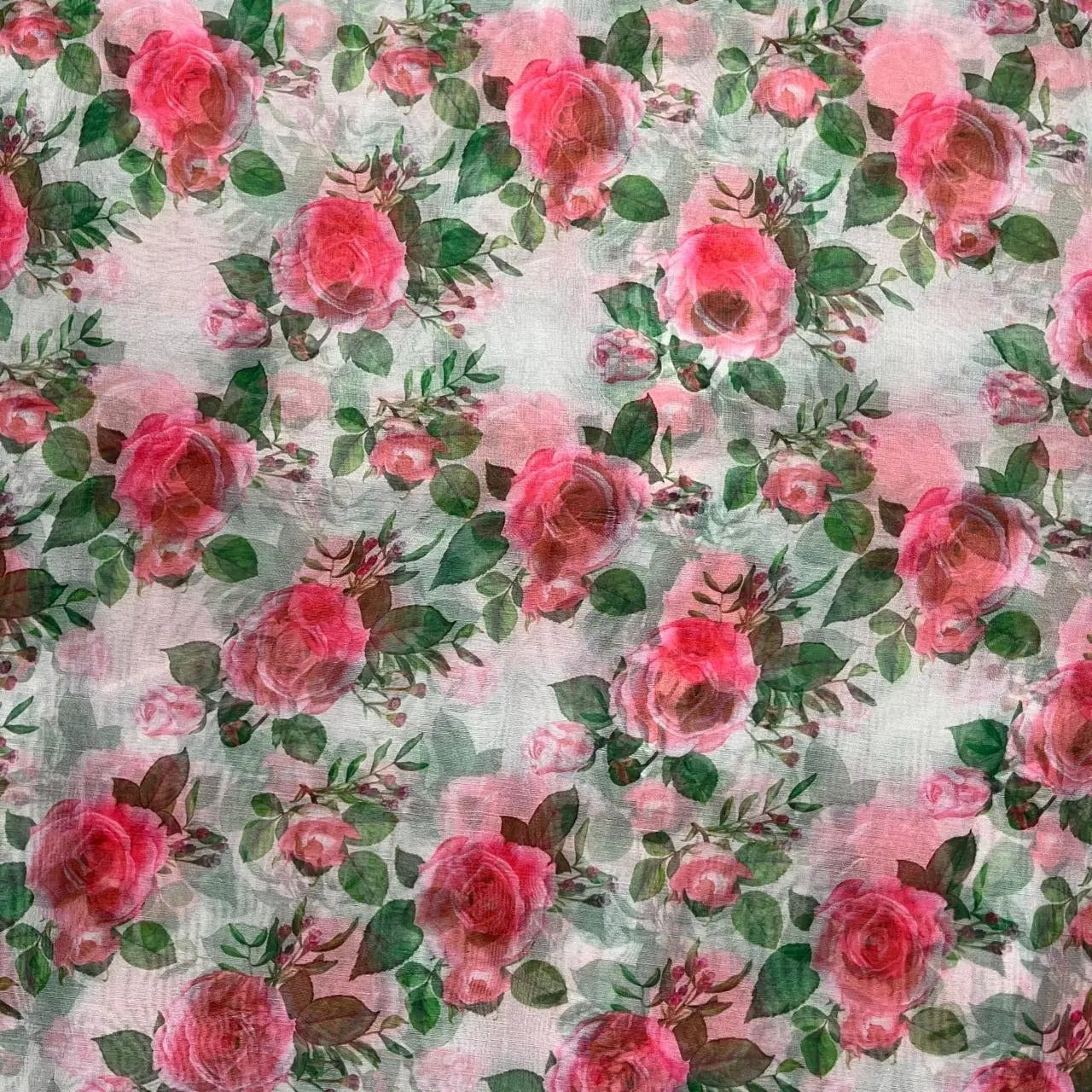 White Flower Digital Print Organza Fabric