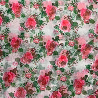 White Flower Digital Print Organza Fabric
