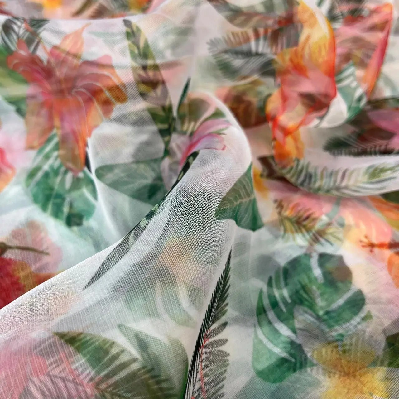 White Flower Digital Print Organza Fabric