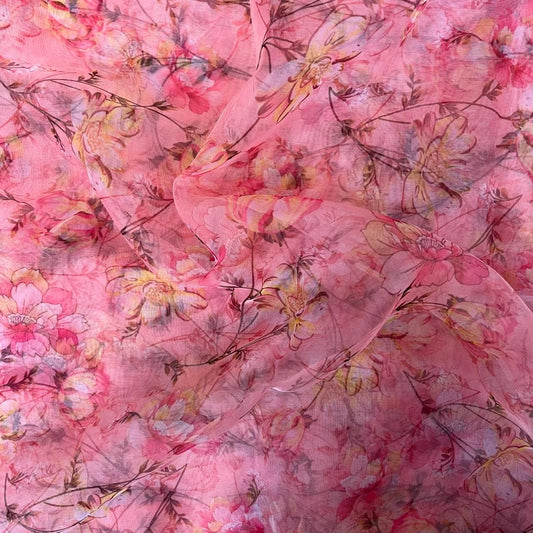 Pink Floral Digital Print Organza Fabric