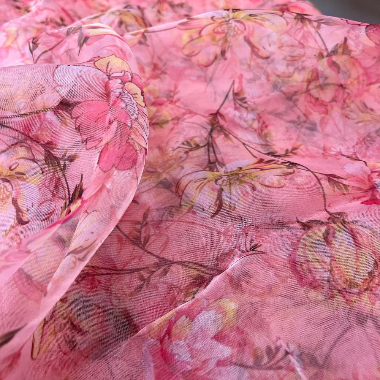 Pink Floral Digital Print Organza Fabric