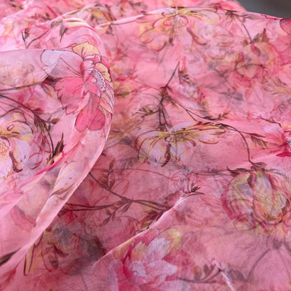 Pink Floral Digital Print Organza Fabric