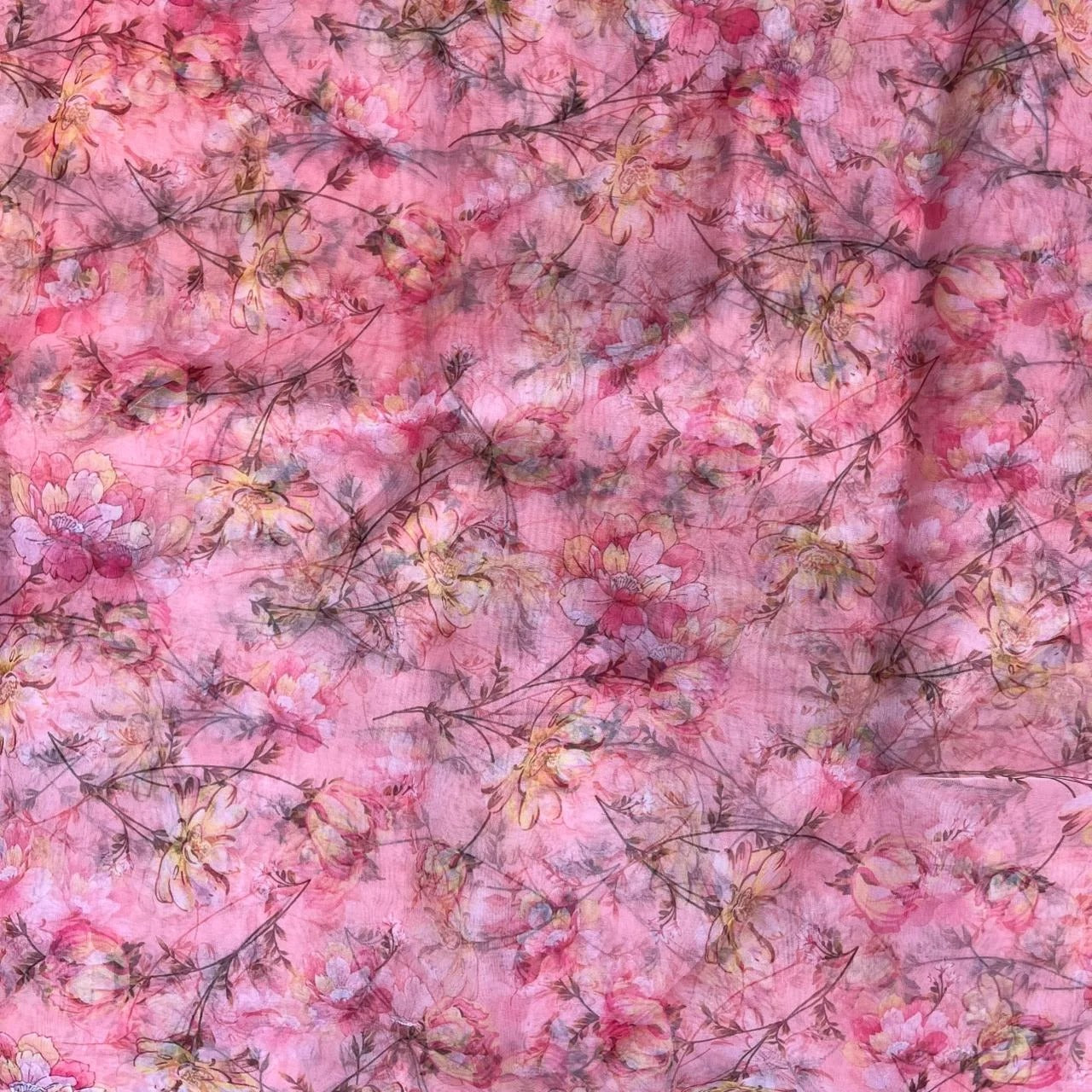 Pink Floral Digital Print Organza Fabric