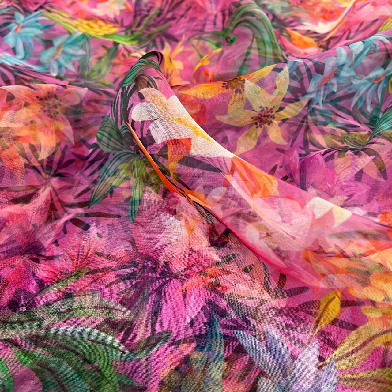 Pink Floral Digital Print Organza Fabric