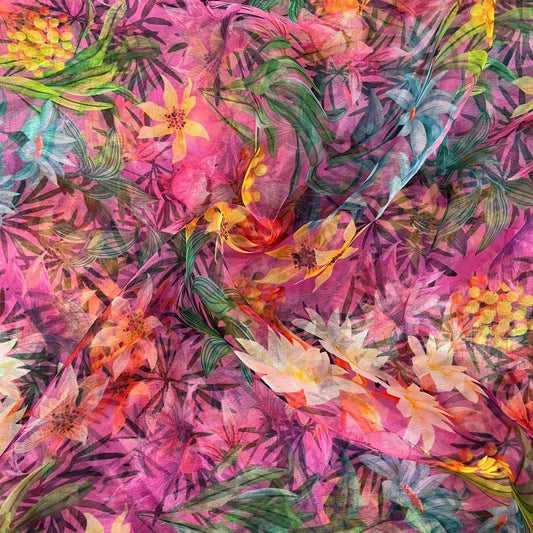 Pink Floral Digital Print Organza Fabric