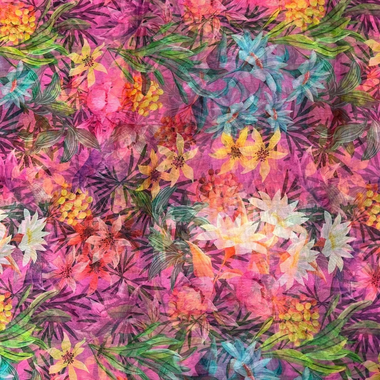 Pink Floral Digital Print Organza Fabric
