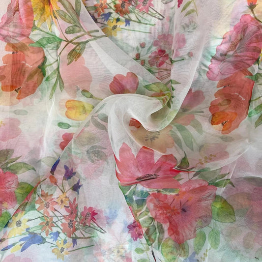 White Flower Digital Print Organza Fabric