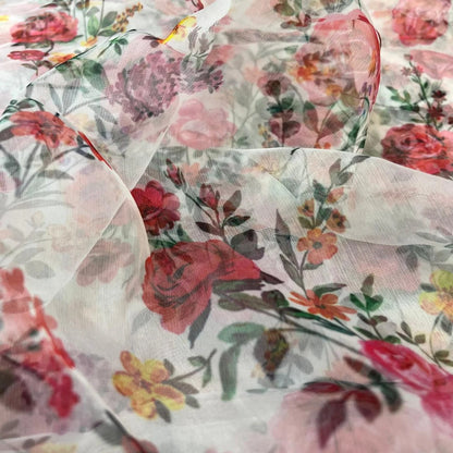 White Floral Digital Print Organza Fabric