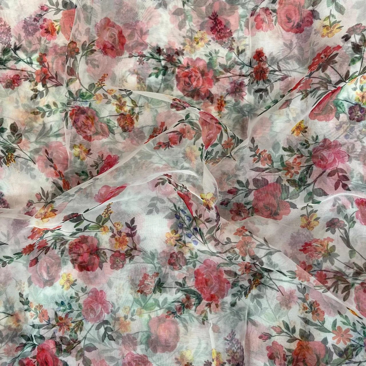 White Floral Digital Print Organza Fabric