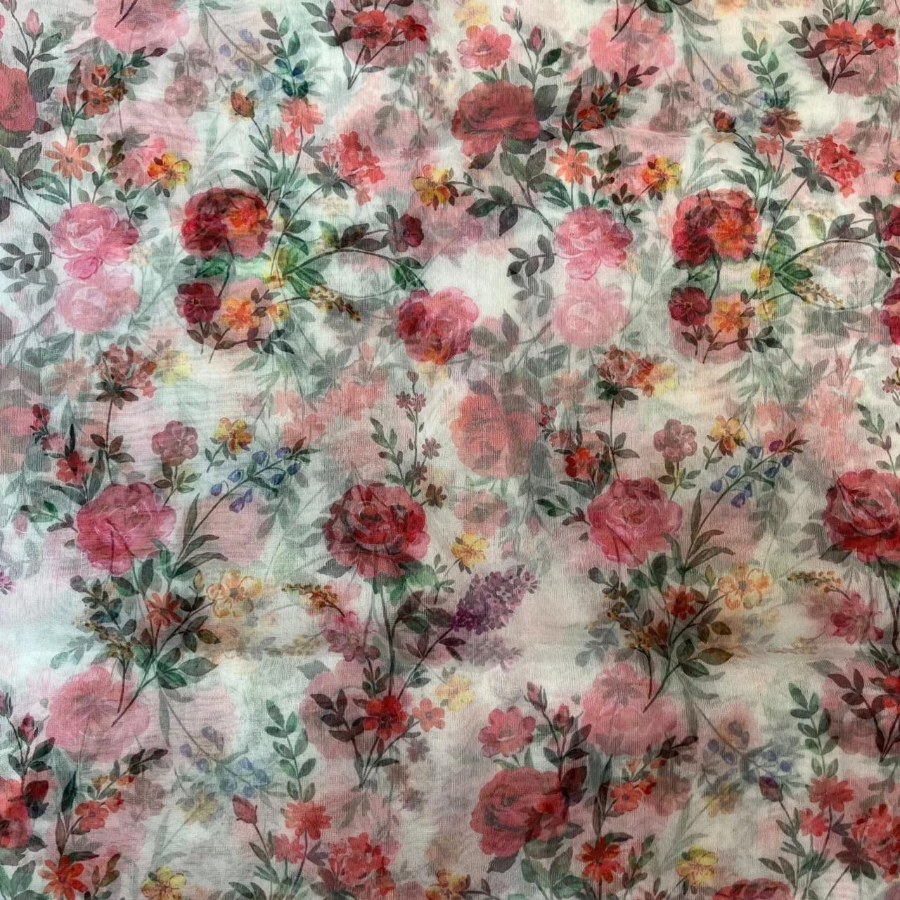 White Floral Digital Print Organza Fabric