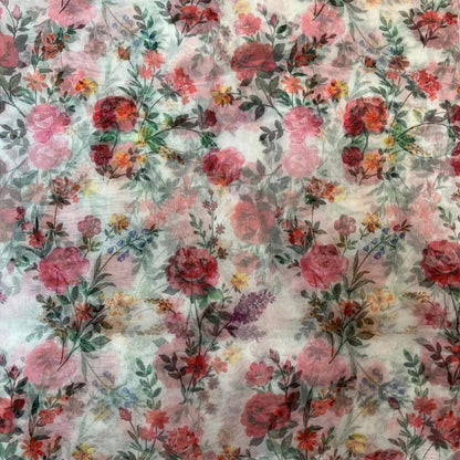 White Floral Digital Print Organza Fabric