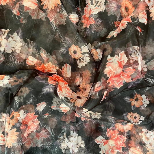 Black Flower Digital Print Organza Fabric