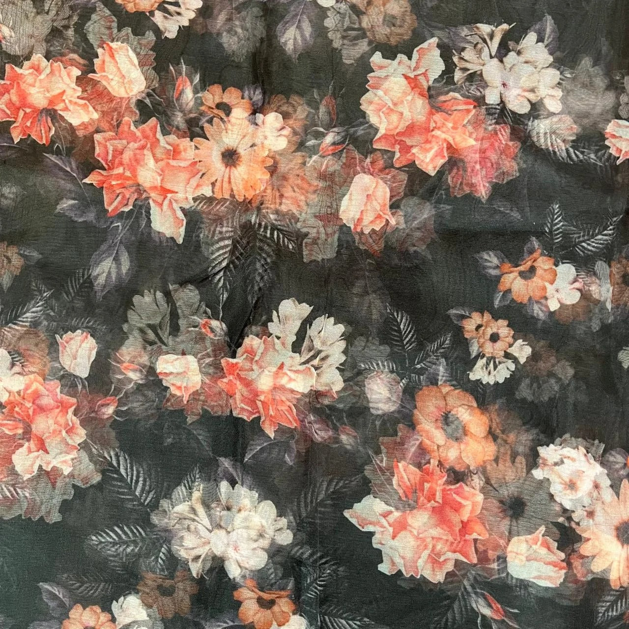 Black Flower Digital Print Organza Fabric