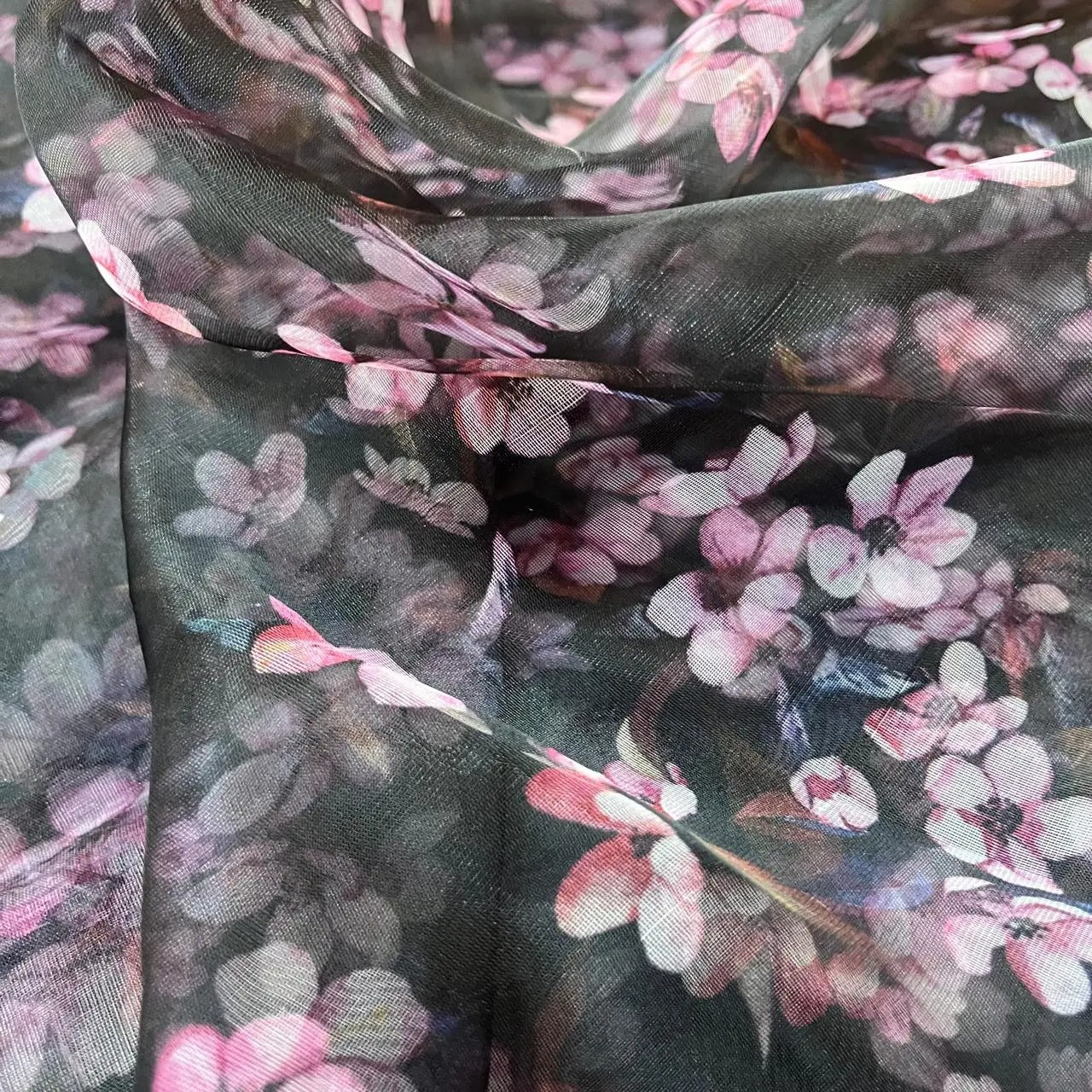 Black Floral Digital Print Organza Fabric