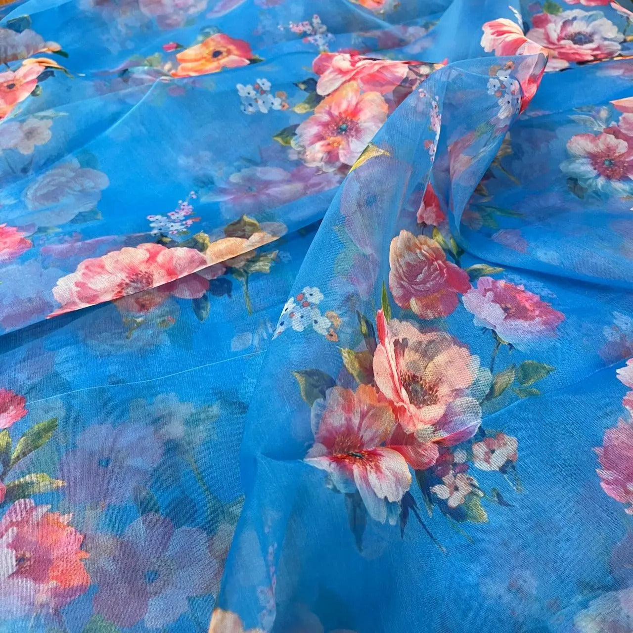 Cyan Blue Floral Digital Print Organza Fabric