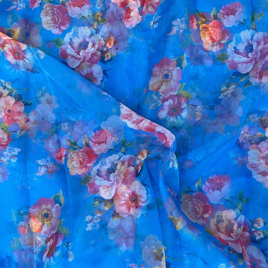 Cyan Blue Floral Digital Print Organza Fabric