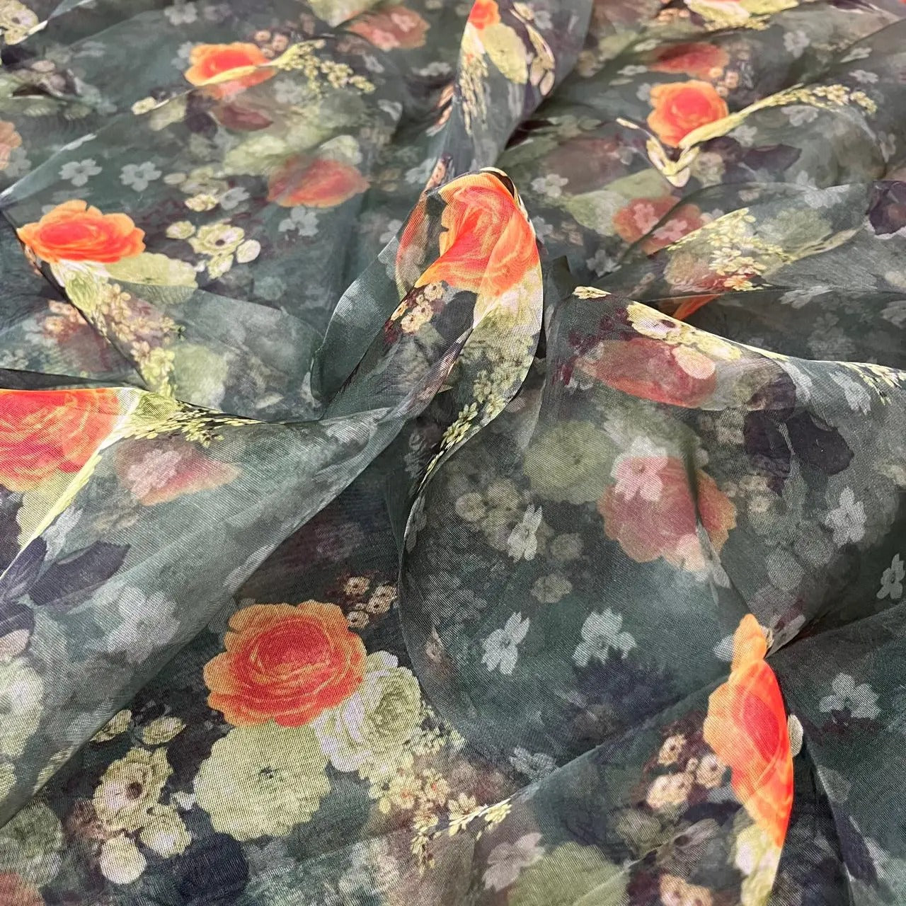 Dark Grey Flower Digital Print Organza Fabric