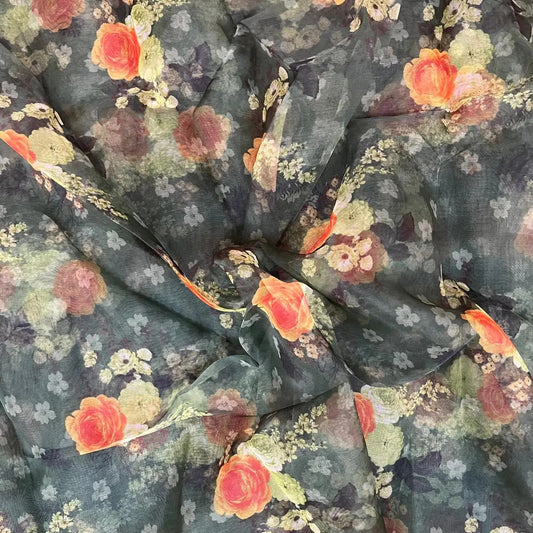 Dark Grey Flower Digital Print Organza Fabric