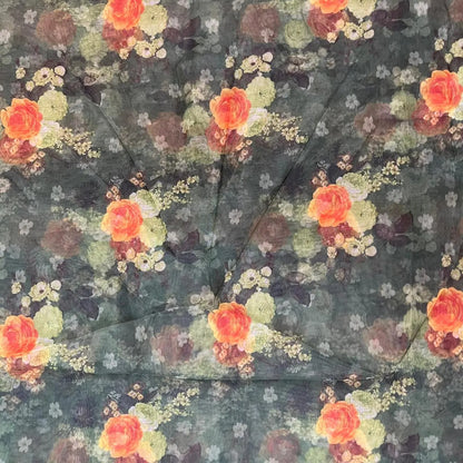 Dark Grey Flower Digital Print Organza Fabric