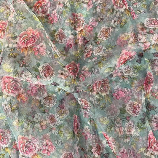 Cool Grey Floral Digital Print Organza Fabric