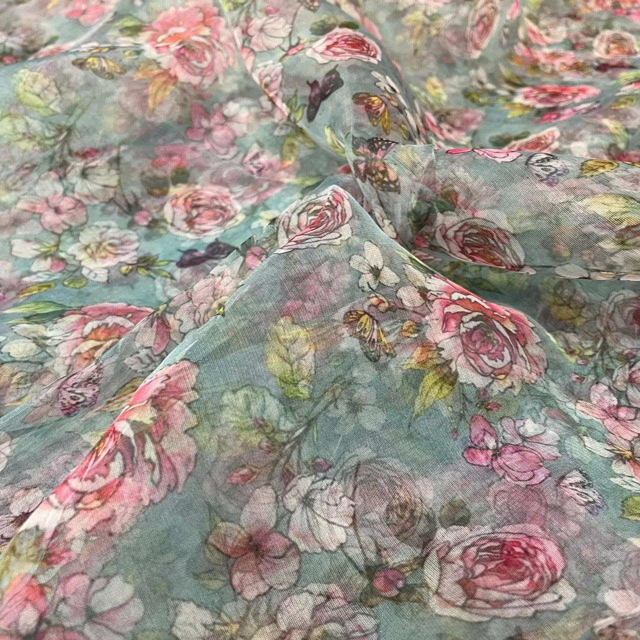 Cool Grey Floral Digital Print Organza Fabric