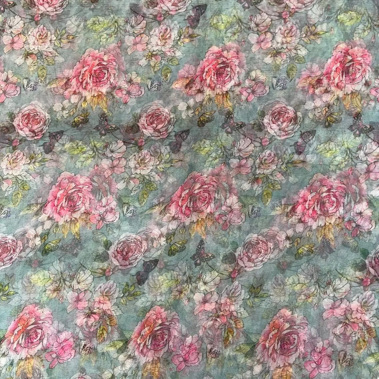 Cool Grey Floral Digital Print Organza Fabric