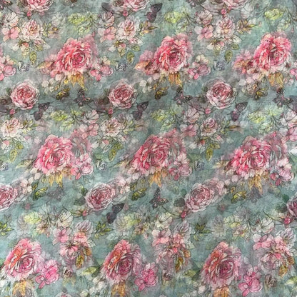 Cool Grey Floral Digital Print Organza Fabric