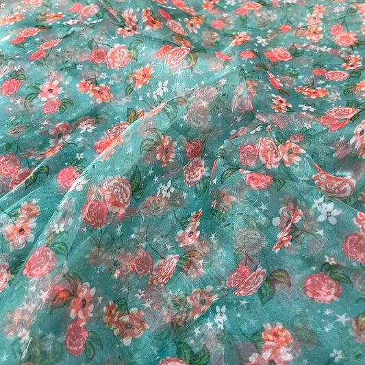 Greenish Blue  Flower Digital Print Organza Fabric