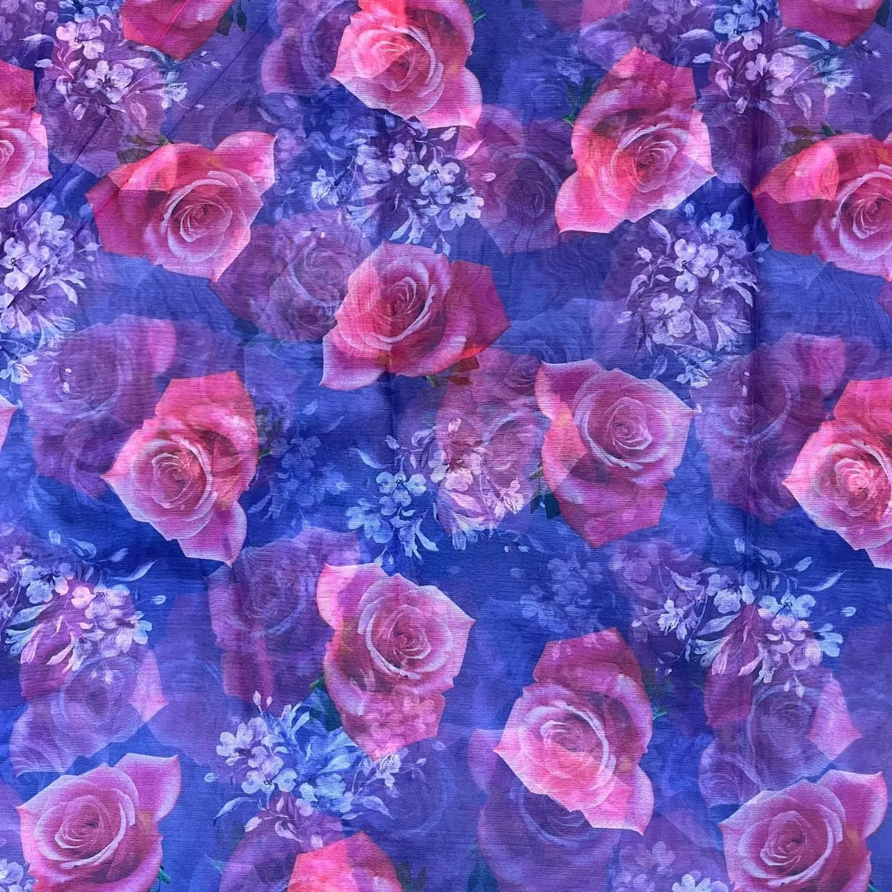 Dark Blue Flower Digital Print Organza Fabric